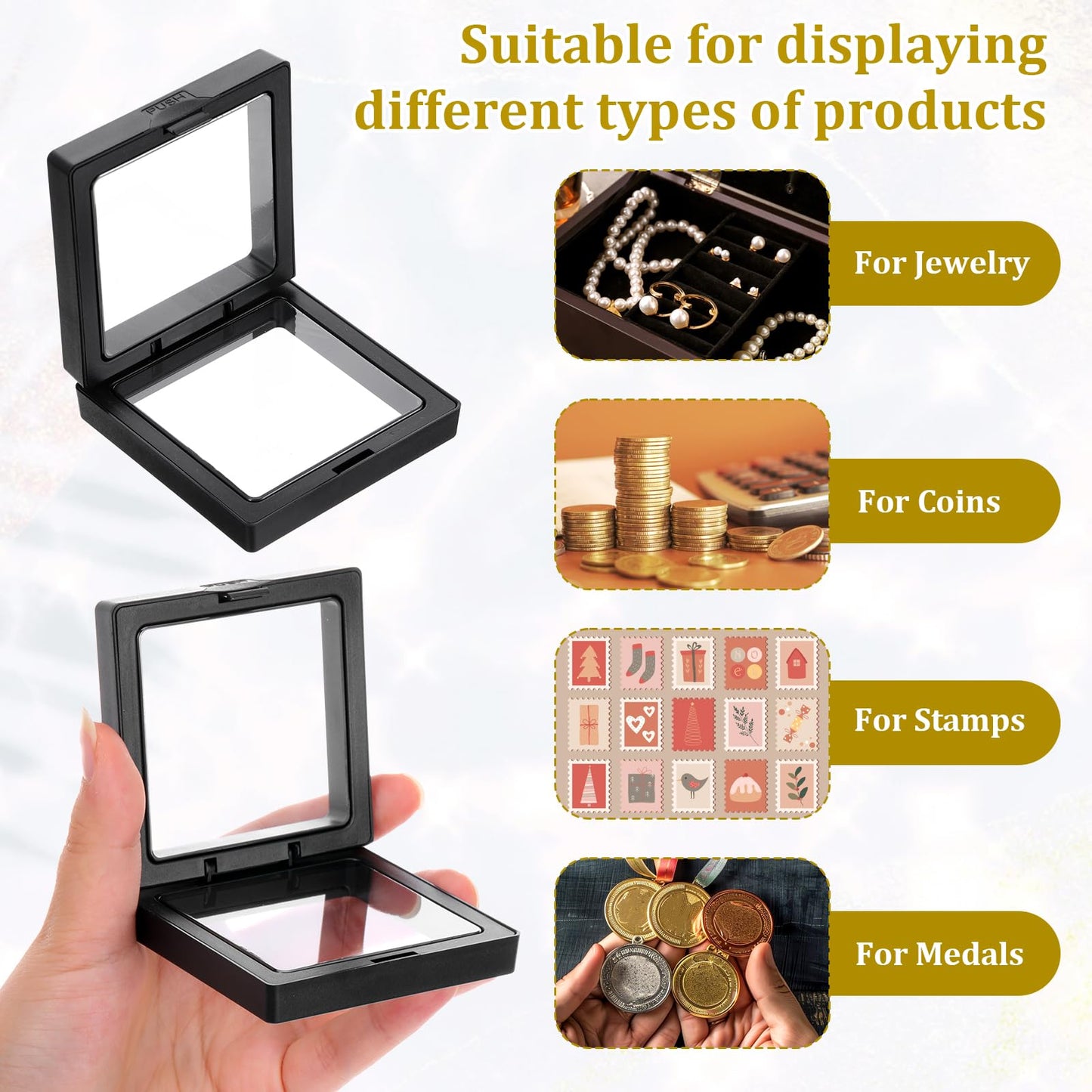 LIQWEI 60 Pcs 3D Floating Display Case, Coin Display Case Black, 2.8 x 2.8 x 0.8 Inch Coin Frame Display-Holder Stands 3D Floating Jewelry Frame for Jewelry Shells Specimen Pins