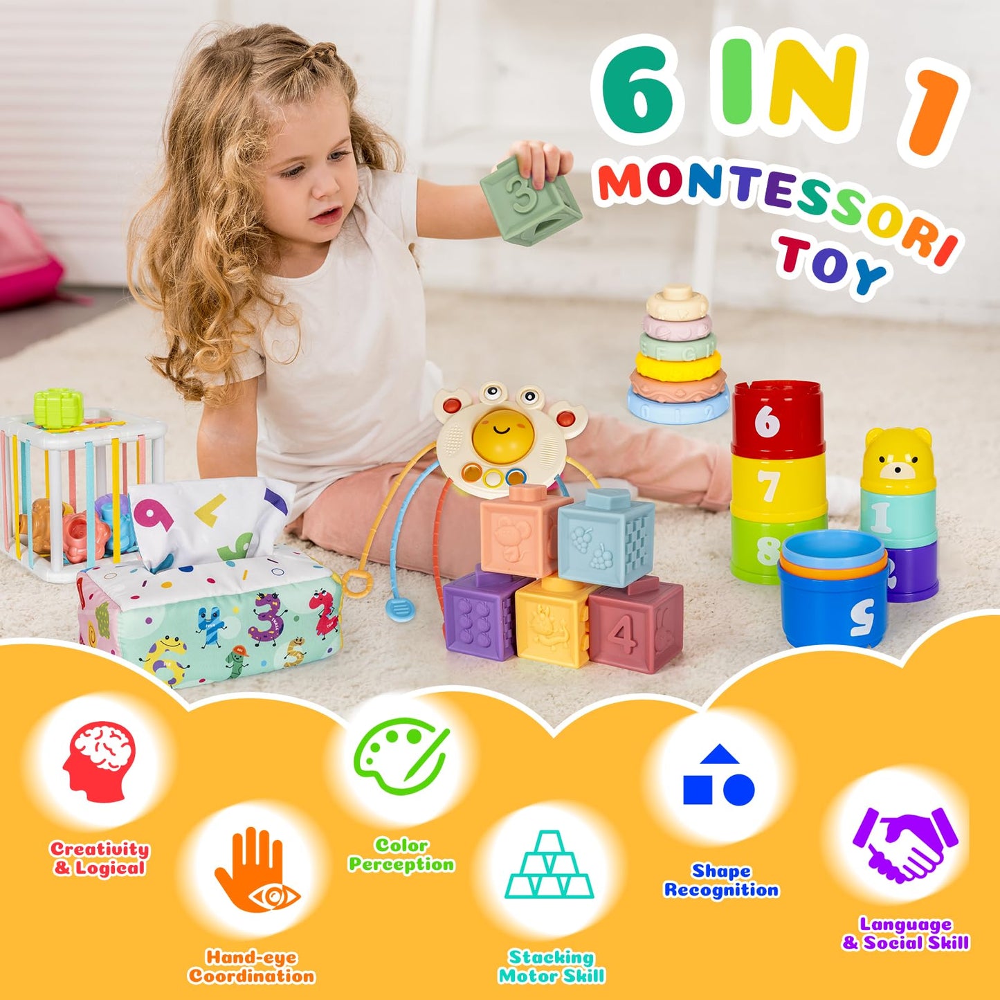 GJOF2YK 6 in 1 Montessori Toys for Babies Newborn Stacking Block Soft Infant Ring Shape Learning Sensory Bin Pull String Teething Toy Tissue Box for Toddlers 18M+ 2 3 Year Old Boy Girl Gift