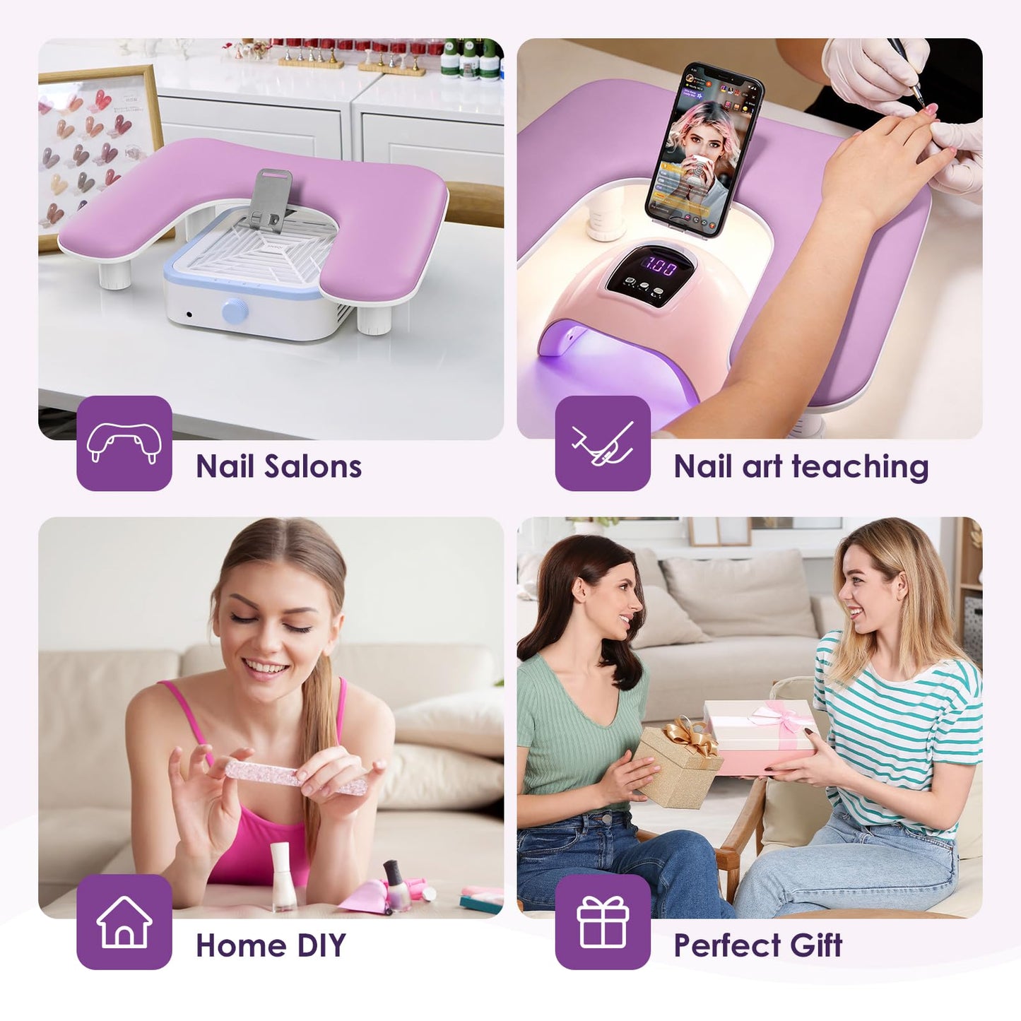 LIONVISON Arm Rest for Nails Tech: U Shaped Adjustable Height Ergonomic Nail Hand Rest Stand PU Leather with Rotating Phone Holder for Nail Salon Manicurist (Puprle)