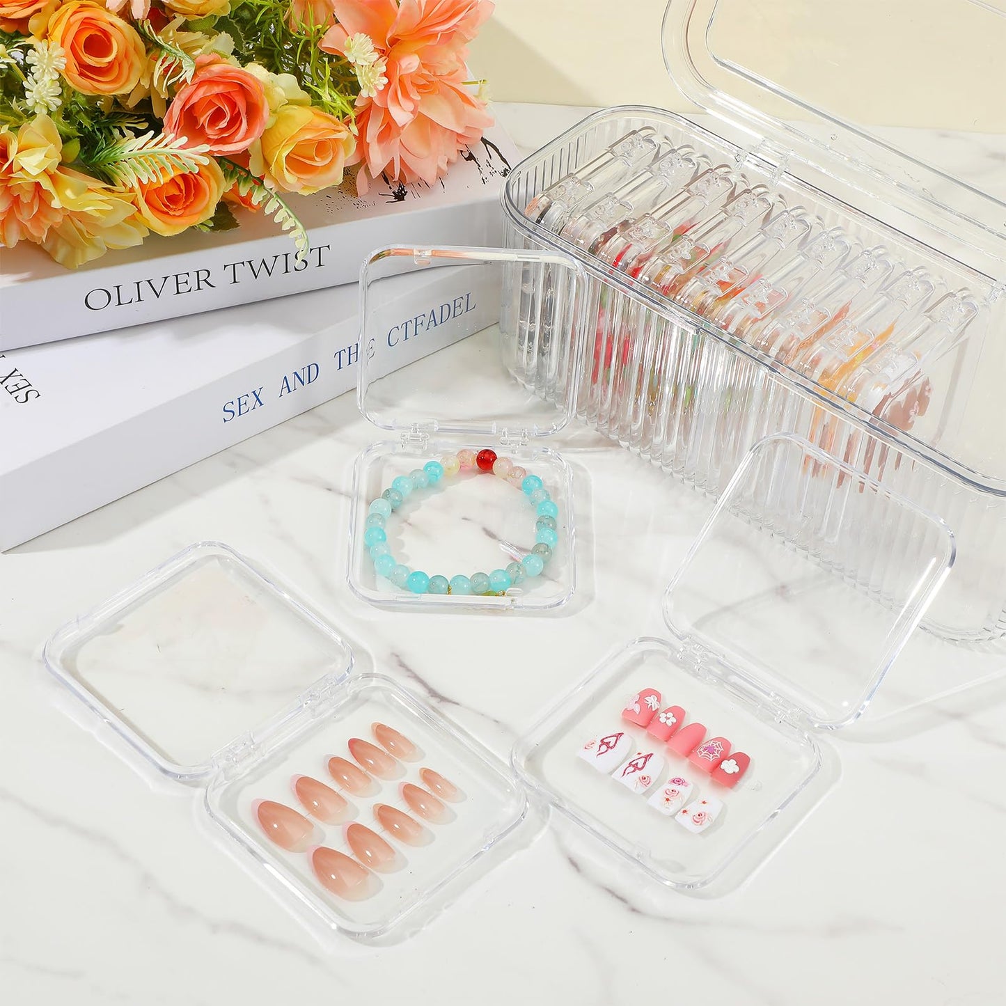 24 Pcs Clear Press On Nail Storage Box with 2 Large Organizers and 60 Adhesive Tapes, for Fake Nail Display, Nails Salon Packaging, and Nails Art Organization