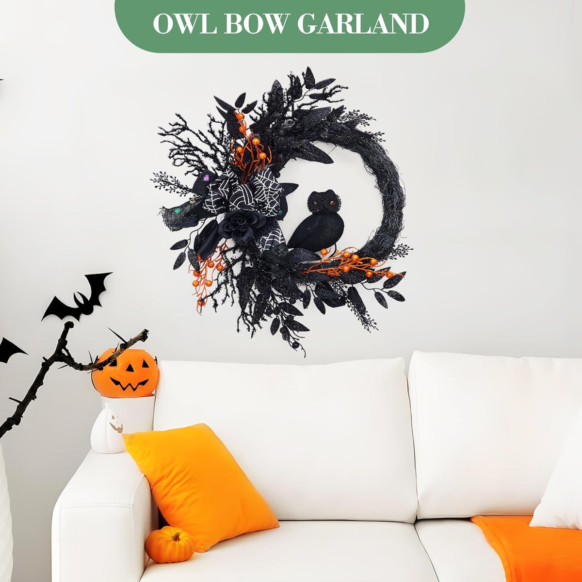 20 Inch Halloween Owl Wreath for Front Door - Gothic Garland with Natural Vines & Black Roses, Outdoor Indoor Decor for Porch, Wall, Window, Party Home Decor