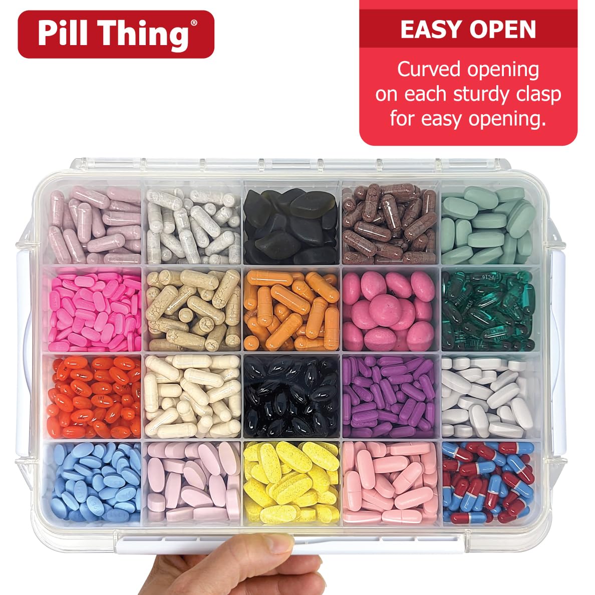 20 Compartment Large Pill Case with Airtight Seal - Silicone Gasket Waterproof Med Box with Medication Map (Clear, 1 Pack)
