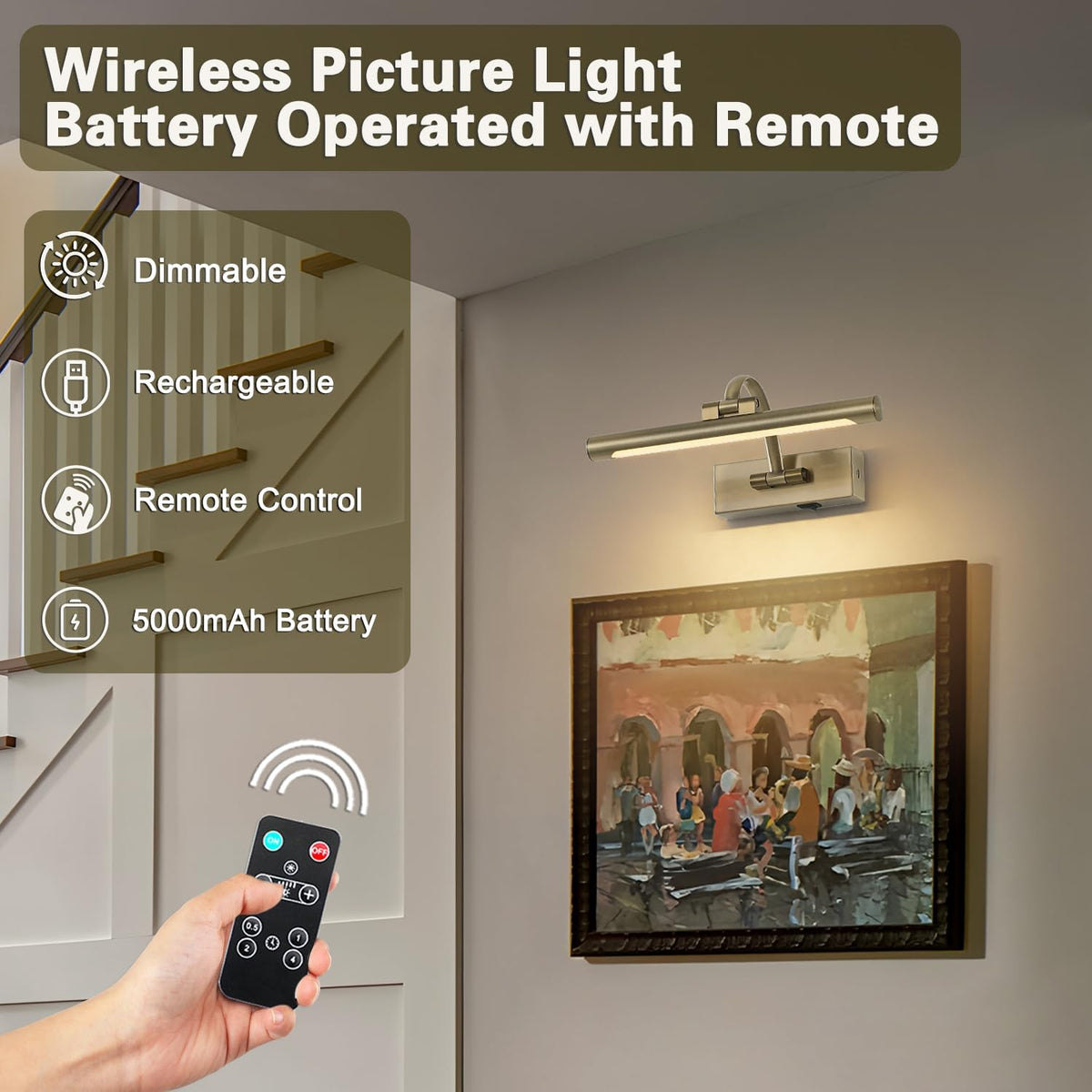 Wireless Picture Lights Rechargeable Gallery Lighting Battery Picture Frame Light with Remote and Timer, Adjustable Art Light for Paintings, Portraits, Antique Bronze Finish 12'' Inch 2W 2700K