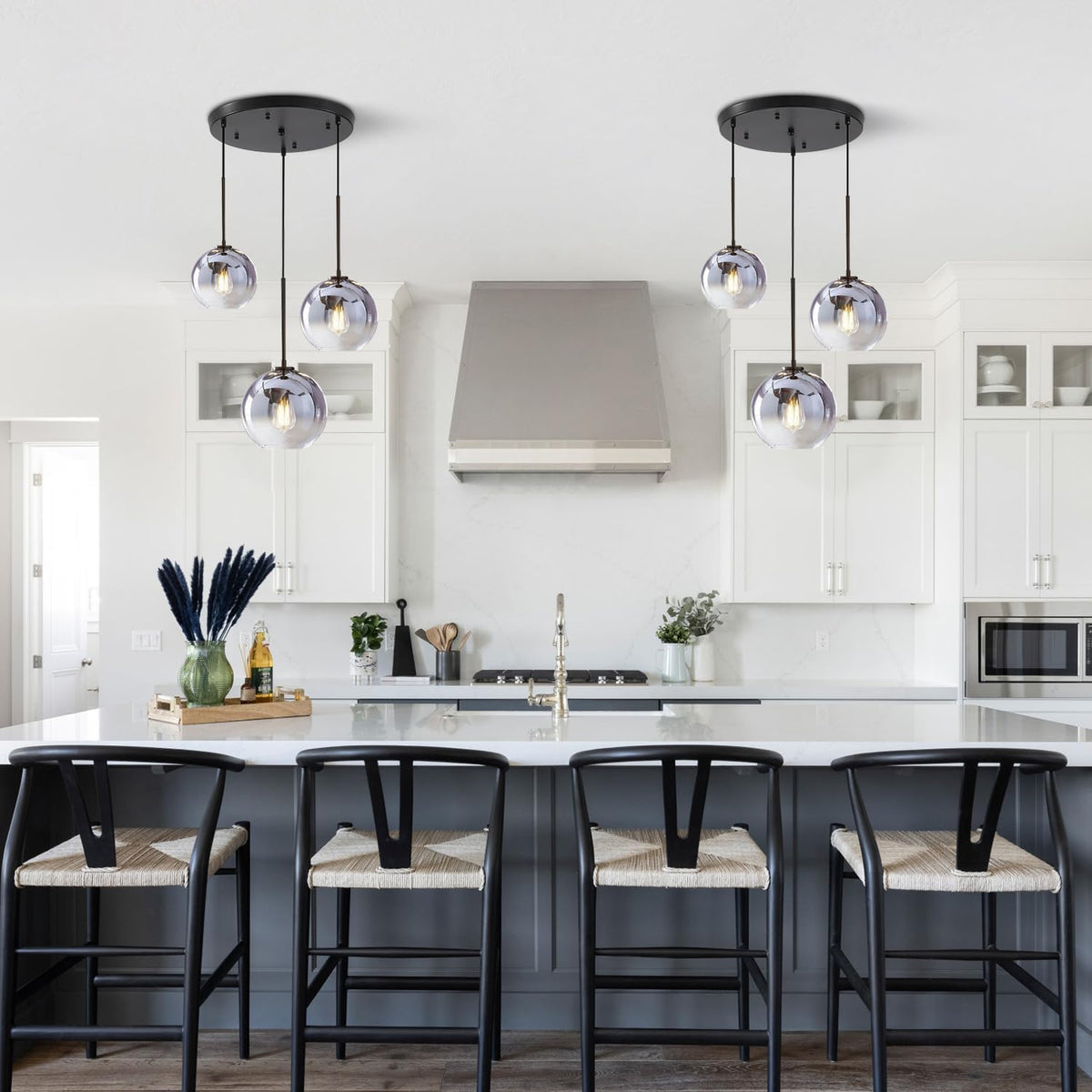 KCO Lighting Modern 3-Light Hanging Light Fixture Silver Gradient Glass Globe Pendant Ceiling Lighting with Adjustable Cord Mid Century Hanging Chandelier Light Fixture for Kitchen Island Bedroom…