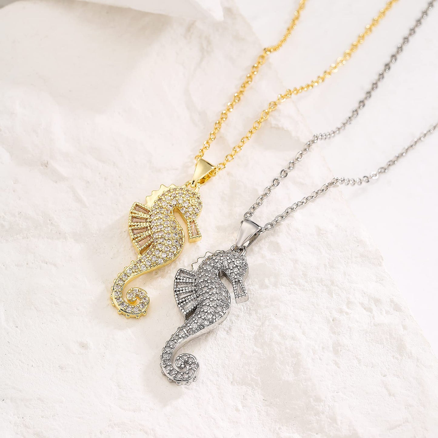 cmoonry 18K Gold Plated CZ Zircon Seahorse Pendant Necklace For Women 17.7"+2" (White Gold)
