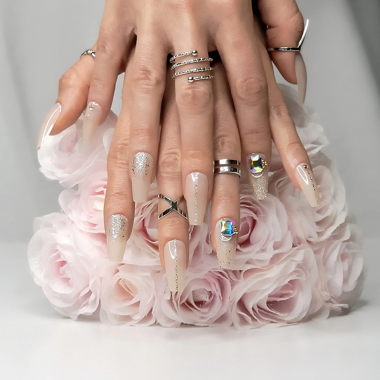 Hypnaughty 24 Pcs Jewels Rhinestone and Ombre Glitter Nude Luxury Coffin Bling Press on Nails with Design and Glue Medium Long Nude False Nails with Gems (Jewels)