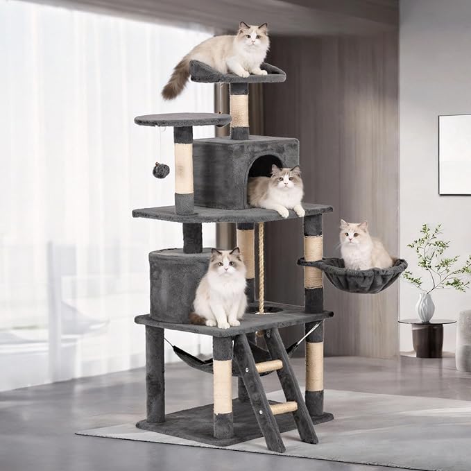 61in Cat Tree Tower for Indoor Cats with Cozy Basket & Hammock