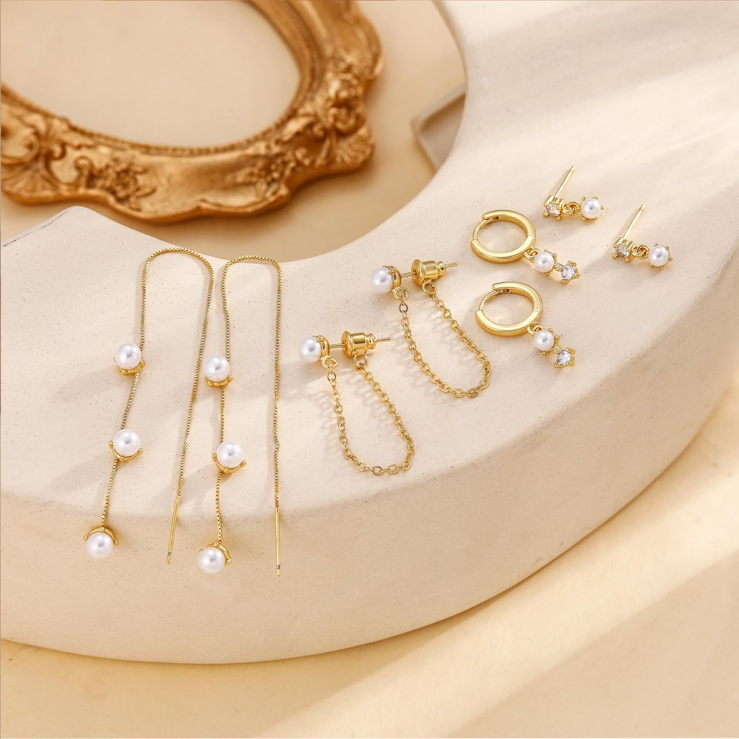 Moodear Dainty Pearl Studs Drop Hoop Earrings for Women - Trendy 14K Gold Plated Dangle Chain Baroque Pearls Hypoallergenic Earring Sets for Multiple Piercing