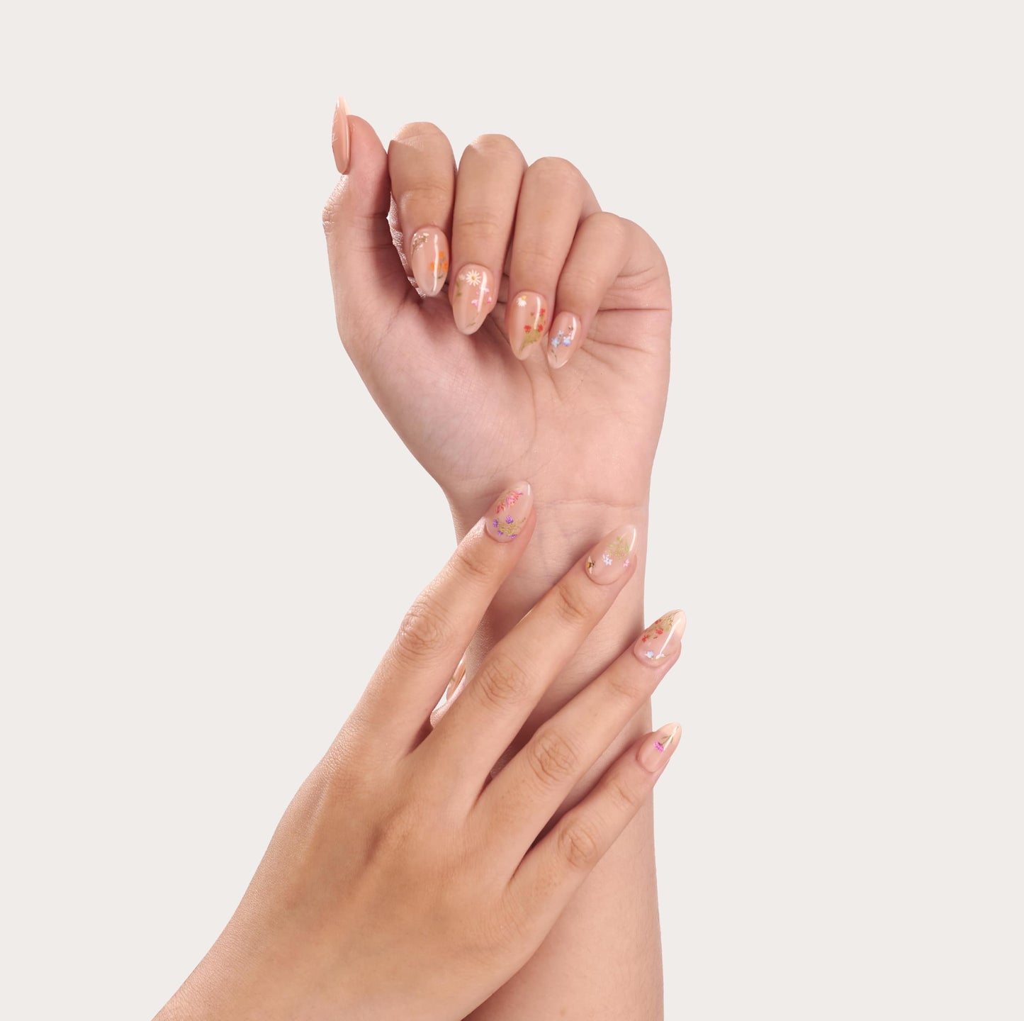 Nailique Press On Nails Short Almond – Handmade Soft Gel Nude Floral Flower Sticker Design, 26pcs Reusable Nail Tips with Glue & Remover, Salon Quality Spring Bridal Wedding Manicure
