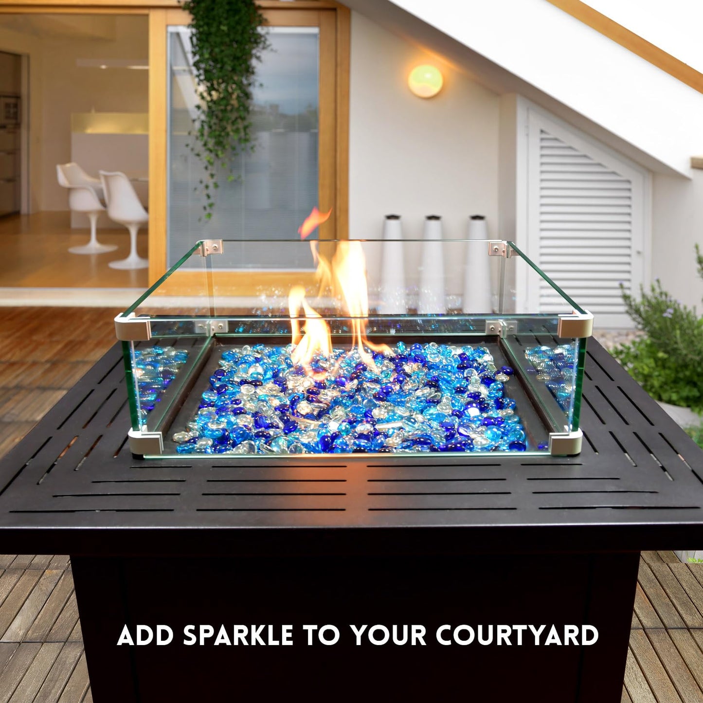 RUOJAS 10 Pounds Mixed-Color Fire Glass Beads 3/4 Inch Firepit Gems for Fire Pit Table, Fireplaces, Fire Bowl, Garden Landscaping & DIY Crafts (Cobalt Blue, Oceanic Blue, Crystal Clear)