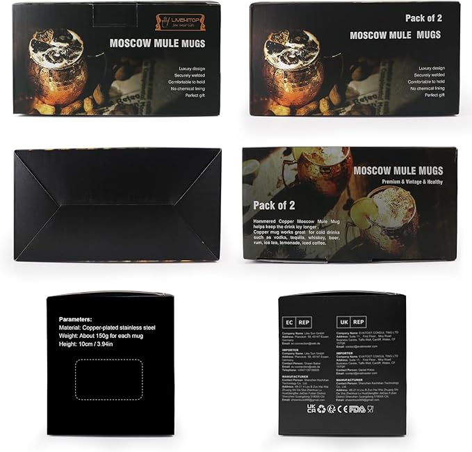 LIVEHITOP Moscow Mule Copper Mugs Set of 2, Copper Cups 19.5 Oz Cocktail Kit with Straw Coaster for Wine, Beer, Cold Drink, Bar, Party, Gifts