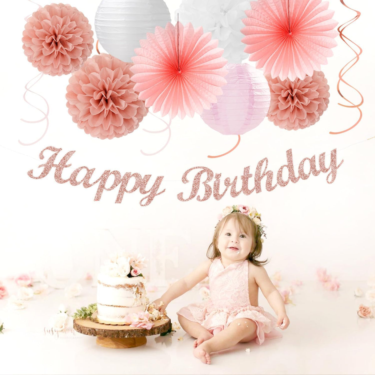 Rose Gold Birthday Party Decoration Kit, 31 Pcs – Banner, Pom Poms, Lanterns & Streamers in Pink & White for Girls Birthday & Bridal Shower
