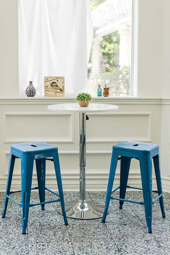 Vogue Furniture Direct 24 Inch Metal Bar Stools, Backless Counter Height Barstools, Indoor Outdoor Stackable Stools with Square Seat, Set of 2 (Blue)