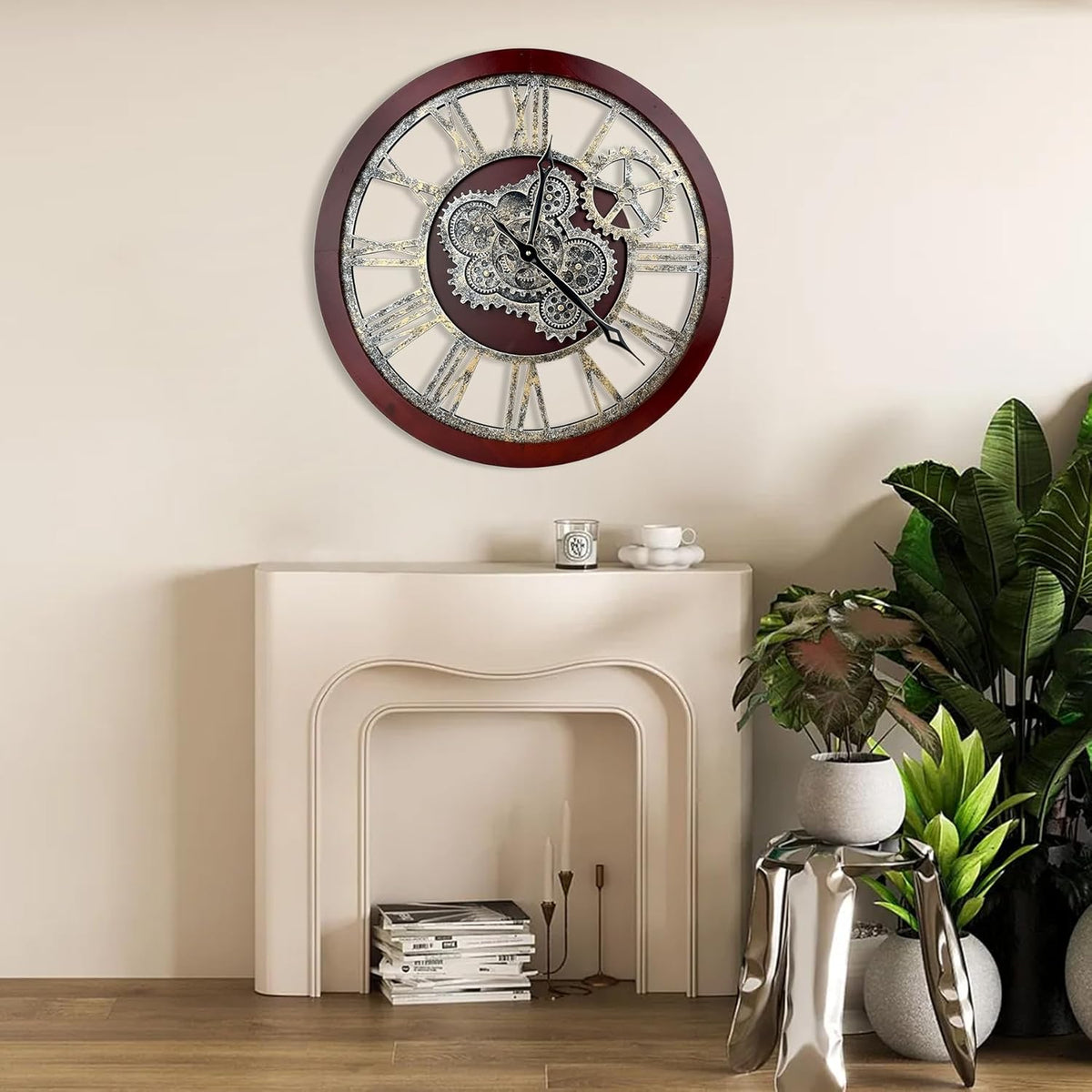 HOIBAI Farmhouse Vintage Industrial Oversized Wall Clock - 24 in (60cm) Moving Gear Wall Clock for Living Room Decor