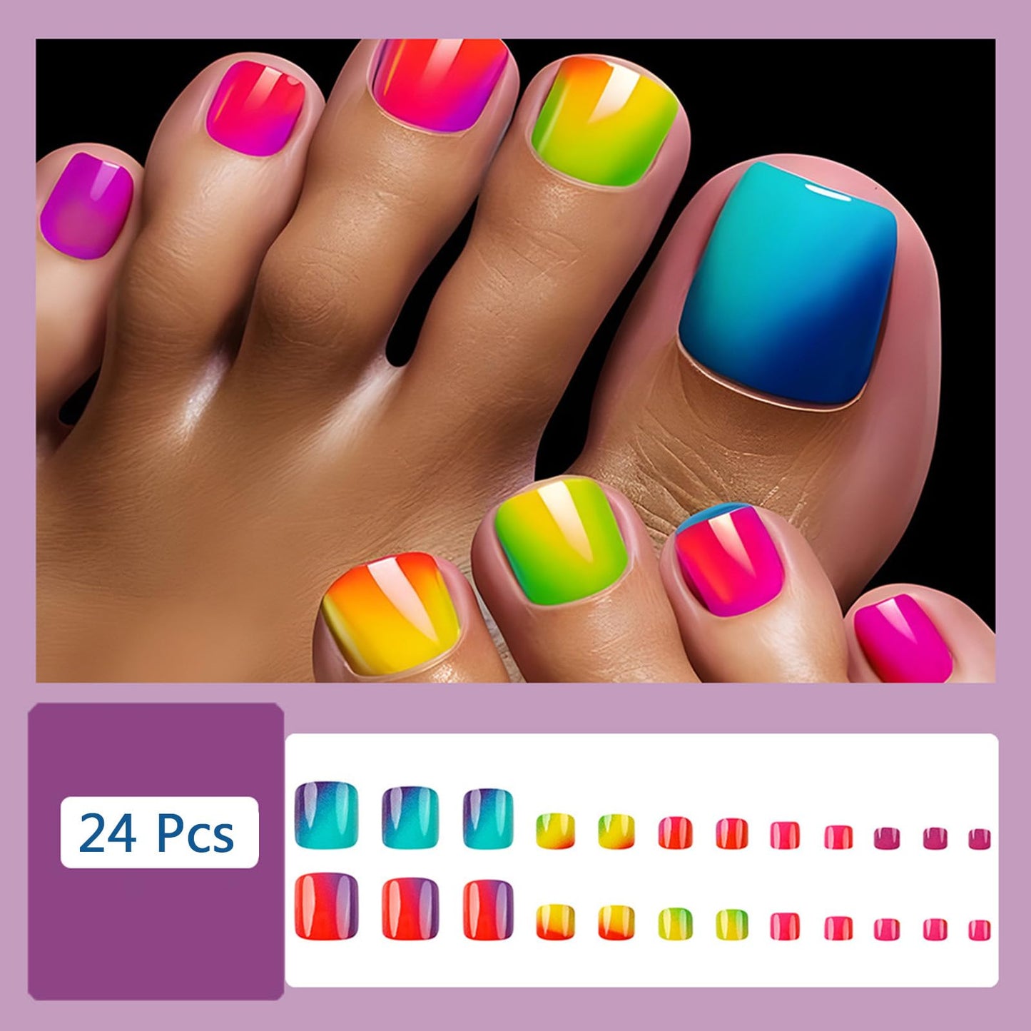 24Pcs Rainbow Colorful Press on Toenails Short Square Fake Toe Nails Colorful Gradient Glossy False Toenails Glue on Toe Nails Summer Reusable Full Cover Acrylic Toenails for Women