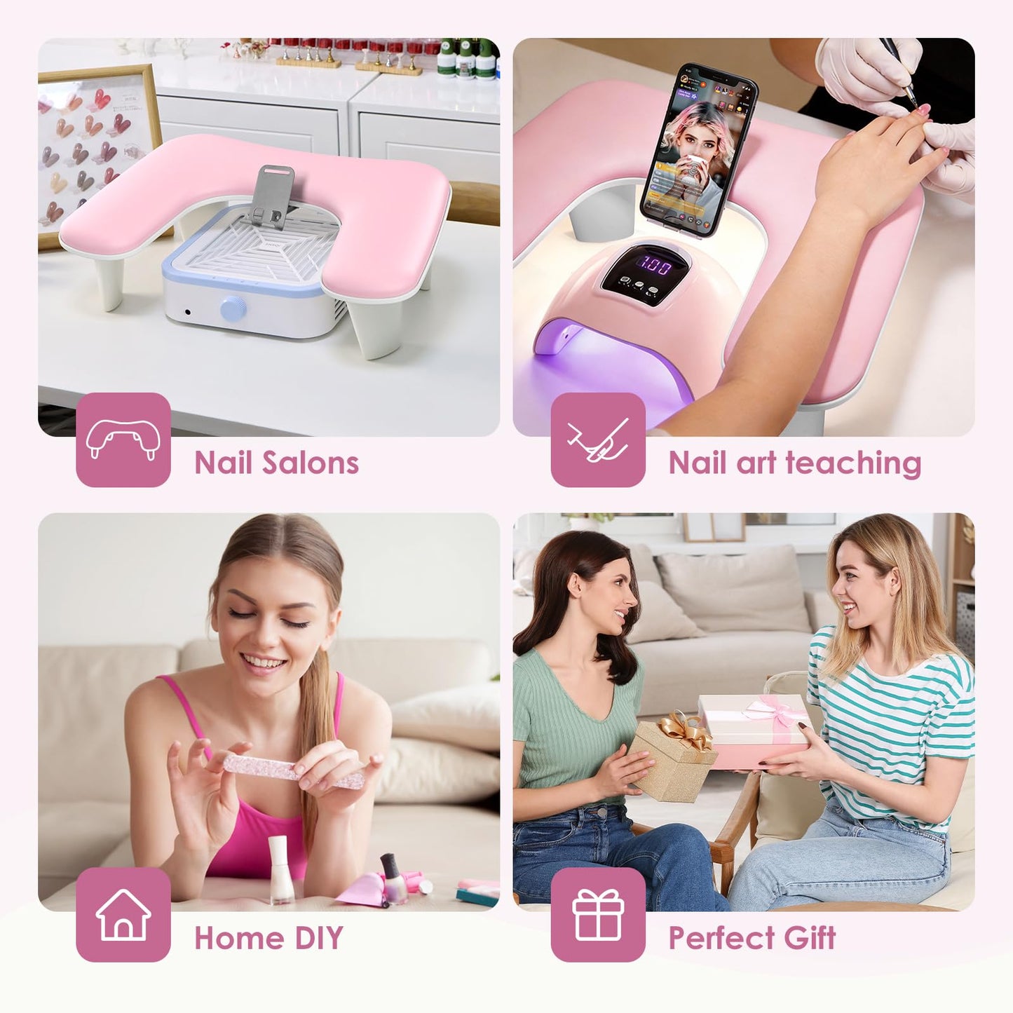 LIONVISON Arm Rest for Nails Tech: U Shaped Ergonomic Nail Hand Rest Stand PU Leather with Rotating Phone Holder for Nail Salon Manicurist (Pink)