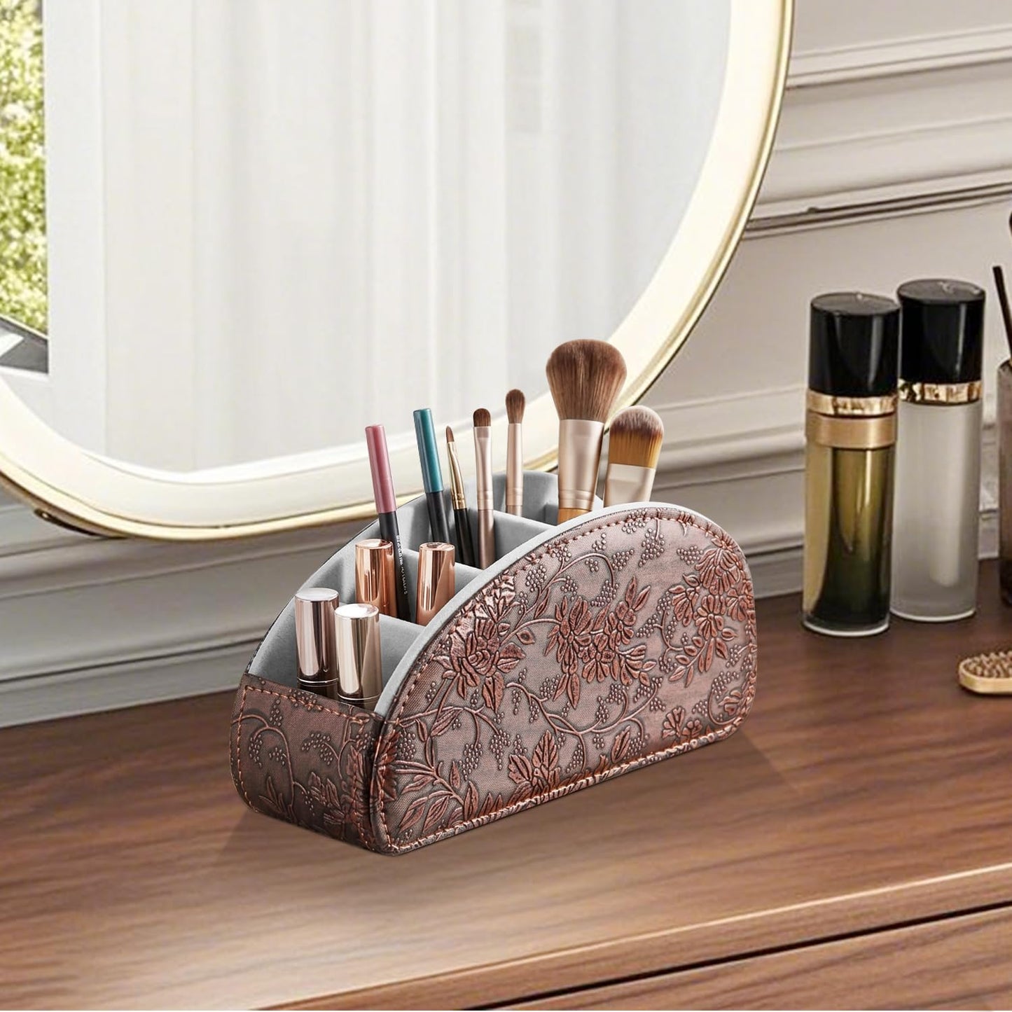 YAPISHI All-in-One Leather Brown TV Remote Holder with 5 Compartments Nightstand Desktop Media Player Remote Caddy Storage Box Organizer Tray for Mobile Office Phone Controller