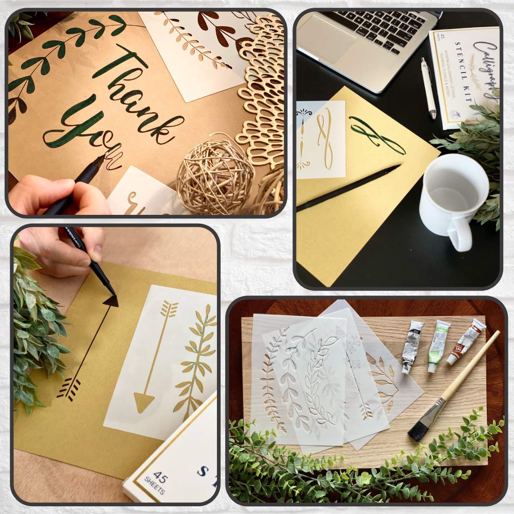 Boutique Calligraphy Stencil Template Kit | 45 Reusable Pieces | Lettering Upper, Lowercase, Large & Small | Numbers, Punctuation, Laurels and Flowers - For Arts Crafts Painting Wood (Calligraphy Kit)