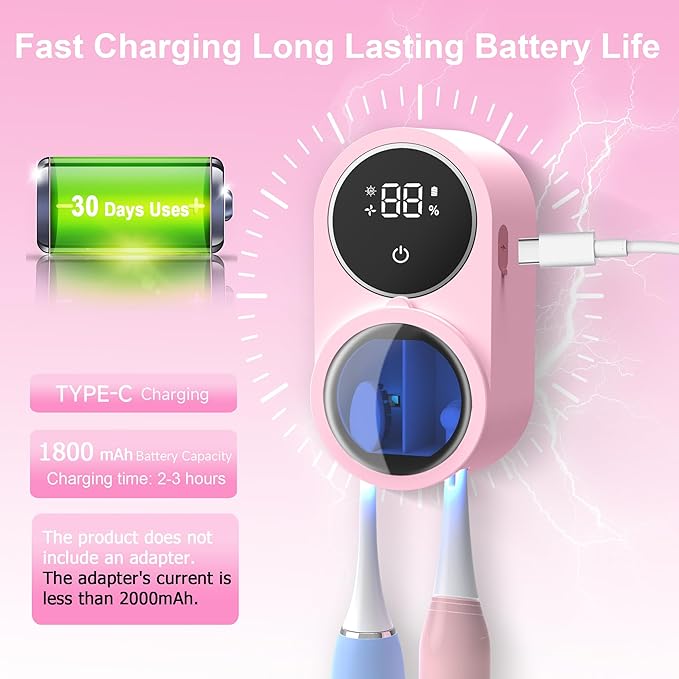 Toothbrush Holder and Cleaner for Bathroom Light Cleaning Fan Drying Round in Circle Automatic Rotating Cover Wall Mounted Smart Home Gadgets (03 Pink)