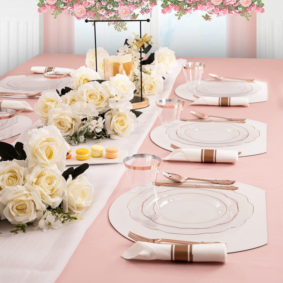 NOCCUR 350PCS Rose Gold Plastic Plates - Clear Rose Gold Disposable Dinnerware Set - Include 100 Dinner/Dessert Plates,50 Cups,50 Pre Rolled Napkins with Cutlery Set - Ideal for Party&Wedding