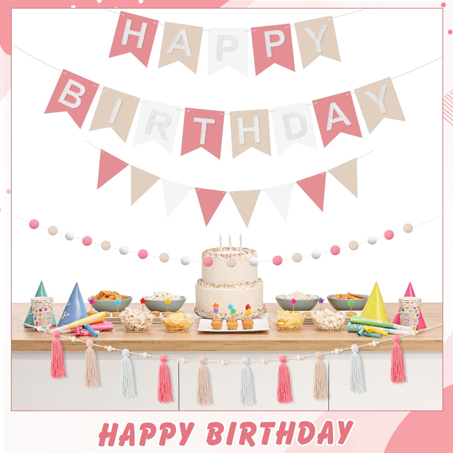 SmoothNovelty 139 Pcs Felt DIY Custom Banner Kit Include 104 Letters 18 Swallowtail Flags 15 Pennants 2 Pcs Pom Pom Garland Tassel Pompom Decoration for Home Baby Shower Birthday(Baby Pink)