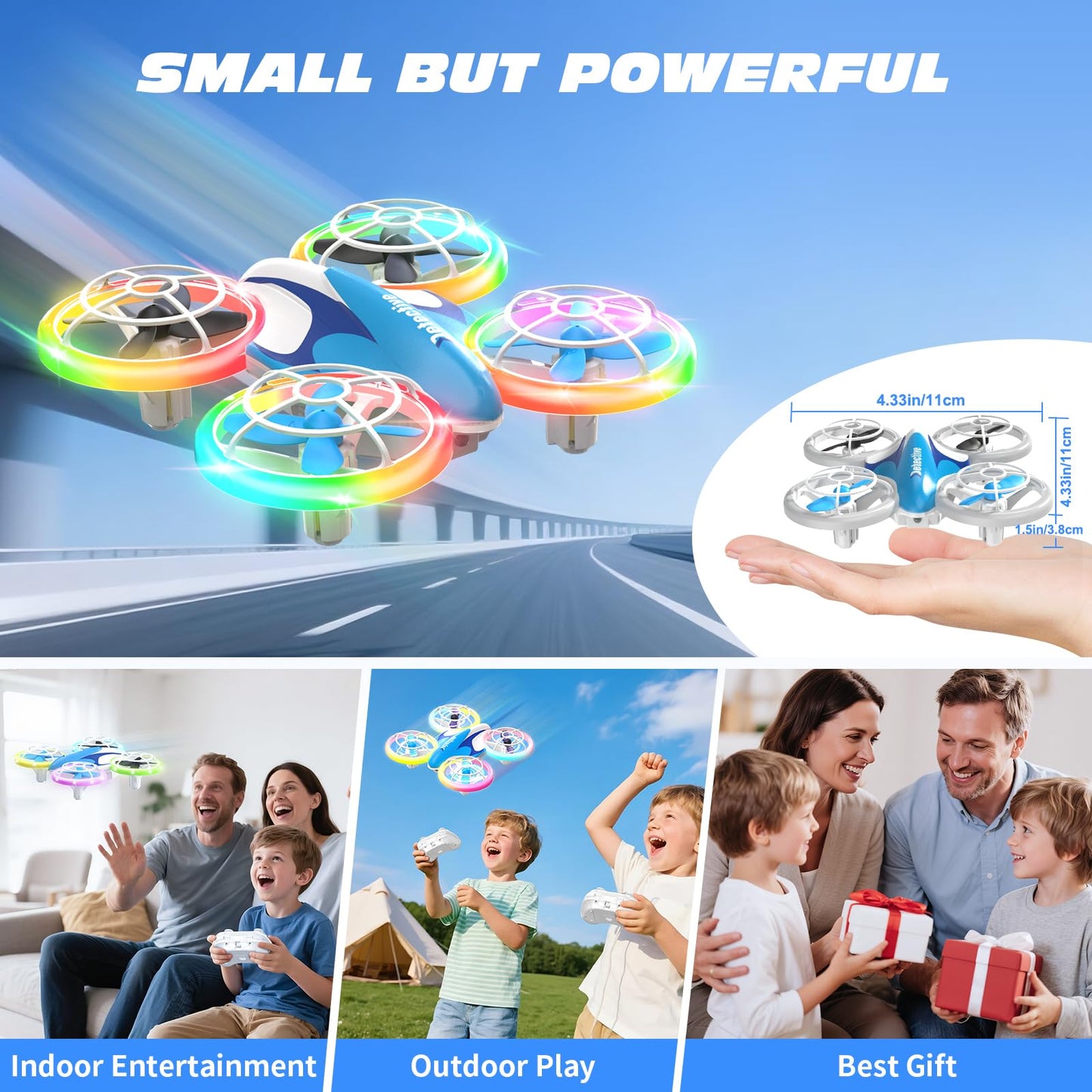 BlueFire Mini Drone for Kids Ages 6+, RC Drone with Fancy LED Light Show, 360° Flips, Altitude Hold, One-Key Take Off/Landing, 2 Speed Modes, Propeller Protection, Indoor Outdoor Toy Gift for Boys & Girls