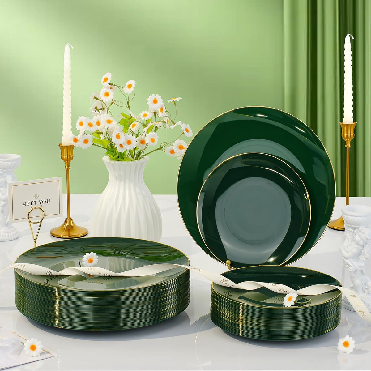 175 Pieces Green Gold Plastic Dinnerware Set, Gold Disposable Plates for Party, Include 50 Green Plates with 75 Plastic Cutlery, 25 Napkins and 25 Cups