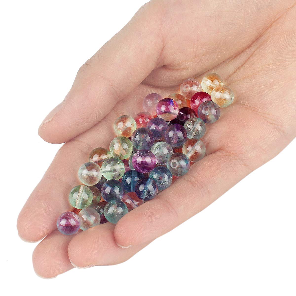 70PCS Natural 8MM Healing Gemstone, Fluorite Energy Stone Round Loose Beads, Semi-Precious Crystal Beads with Free Elastic String for Jewelry Making DIY