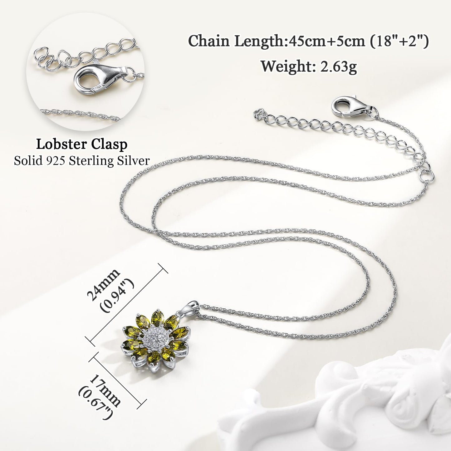 RANDES August Birthstone Necklace Peridot Sunflower Necklace 925 Sterling Silver Dainty Flower Stone Pendant Necklaces for Women