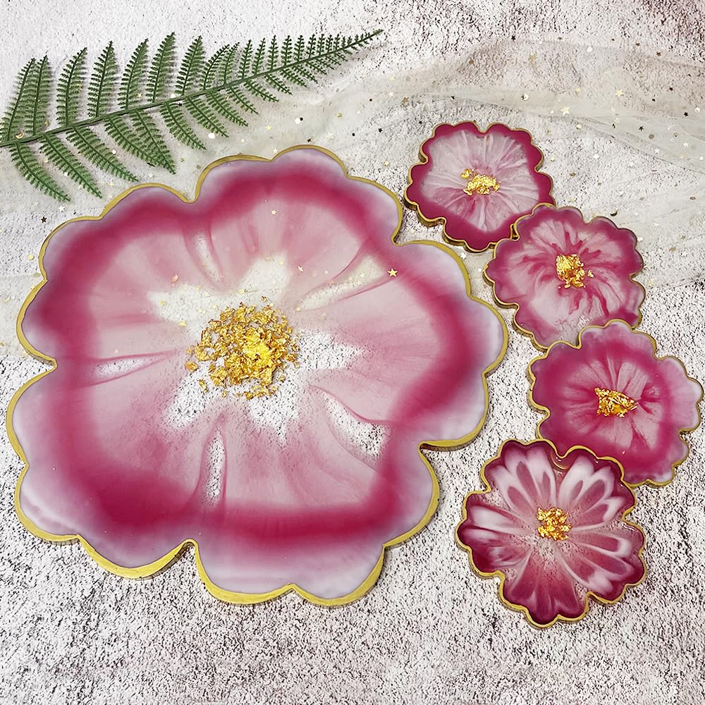 RESINWORLD 13'' Large Floral Tray Mold + 4'' Flower Geode Coaster Silicone Molds (No Designs, 5 Pieces, White, Silicone, Single Piece Construction)