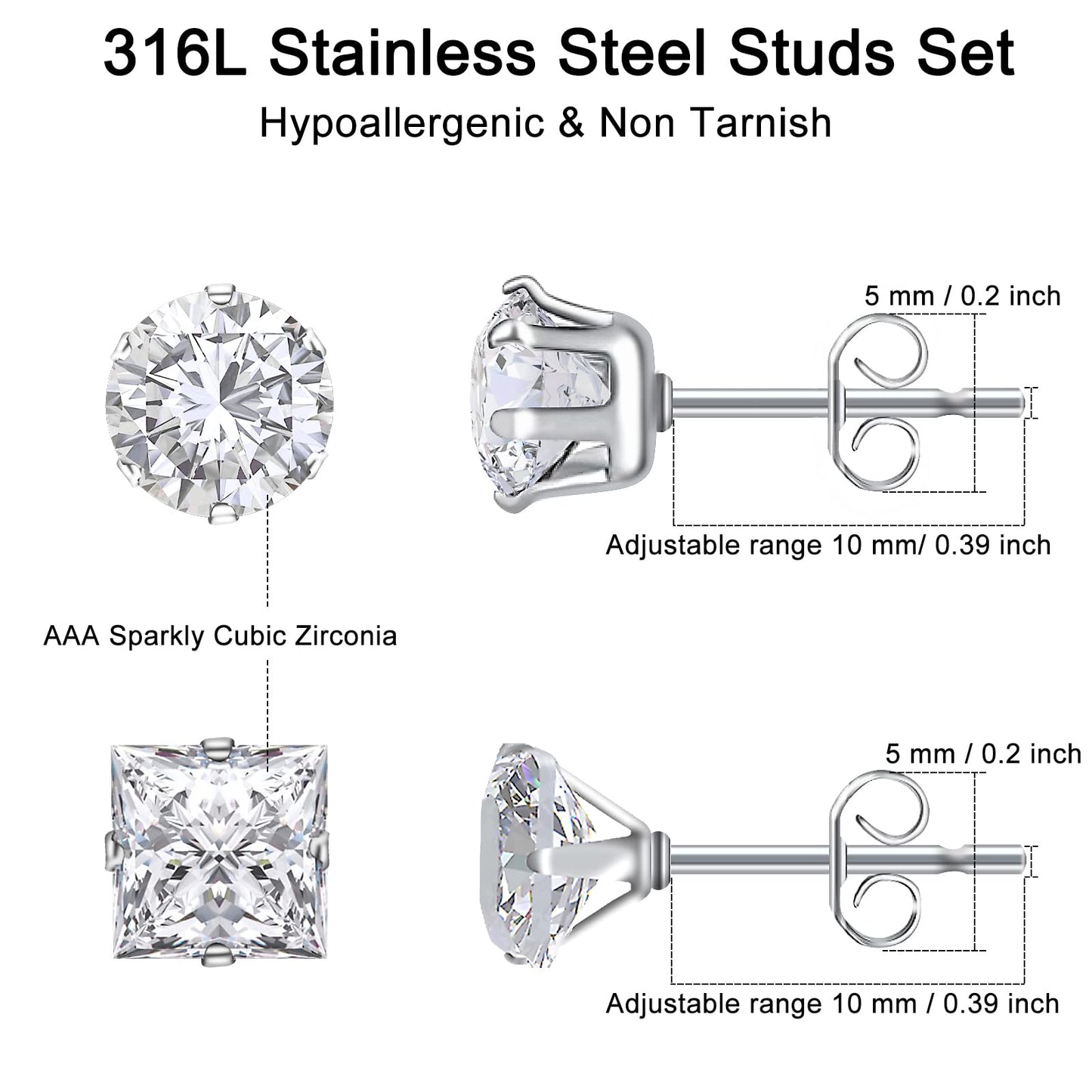 Stud Earrings Set LUCKYPADS 12 Pairs Stud Earrings for Women Hypoallergenic Stainless Steel Stud Earrings Pack Men Earrings Stud with Cubic Zirconia