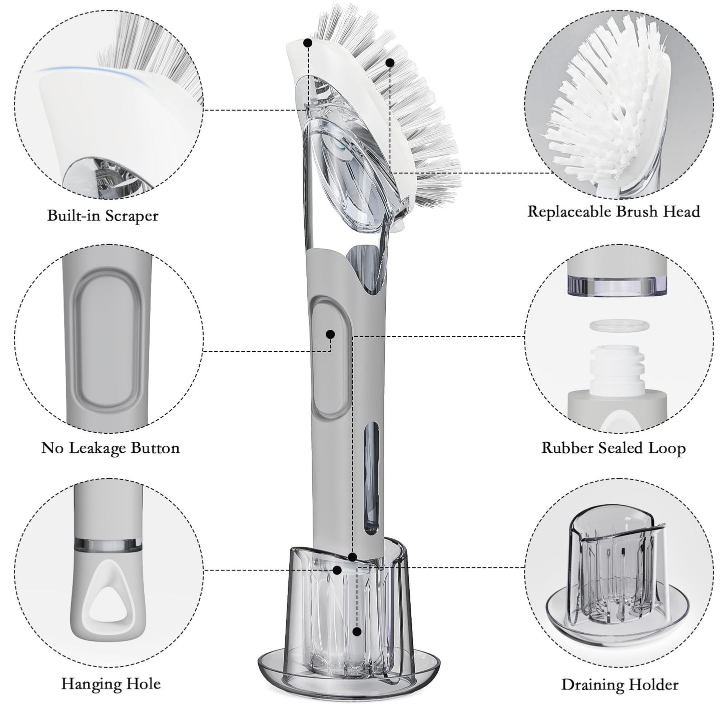 Soap Dispensing Replacement Dish Brush Storage Set with 2 PCS Brush Refills & Holder - RIMAY Dispenser Scrub Cleaning Scrubber Kitchen Dishwashing Dish Wand Handle for Dishes/Pans/Pots/Sink(Grey)