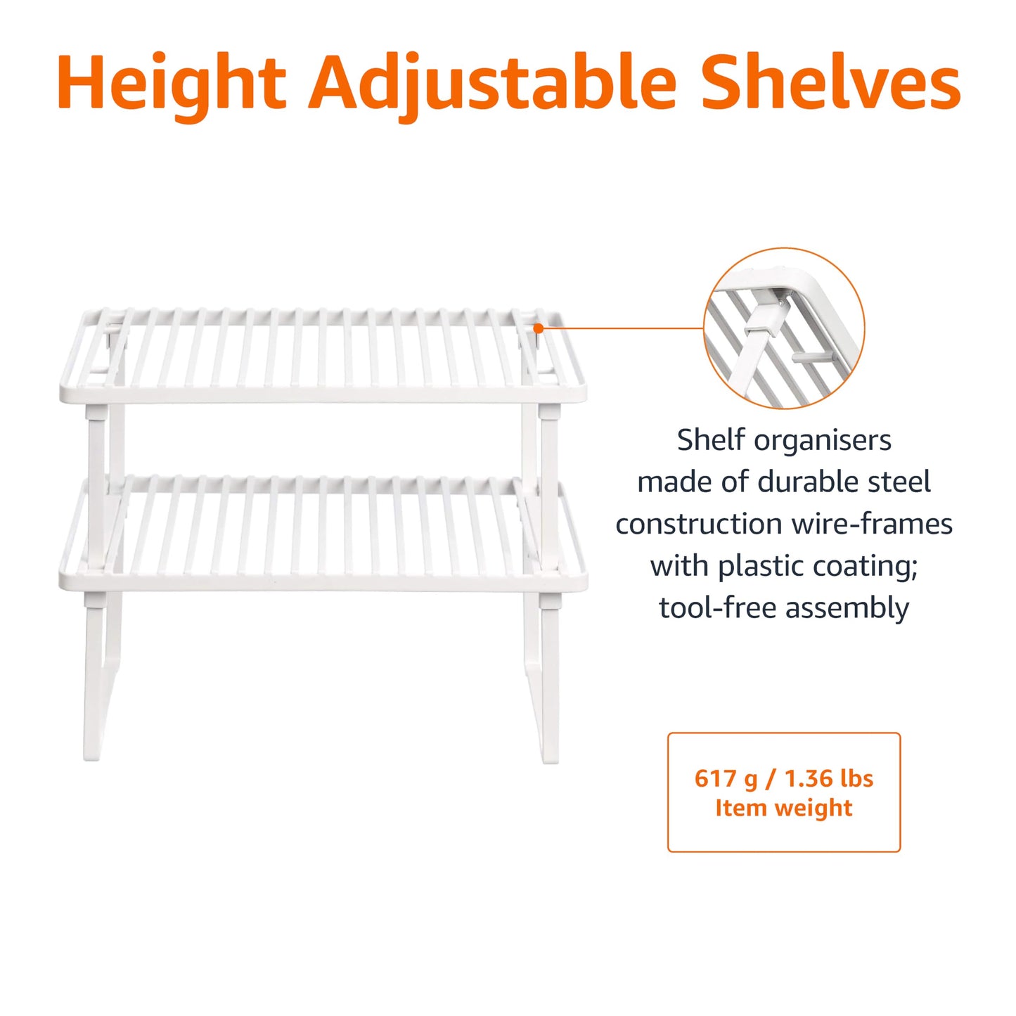 Amazon Basics Space-Saving Stackable Metal Kitchen Cabinet Organizer Shelves for Dishes, Pantry Organization, 12.5" L x 8" D x 4.5" H, Set of 2, White