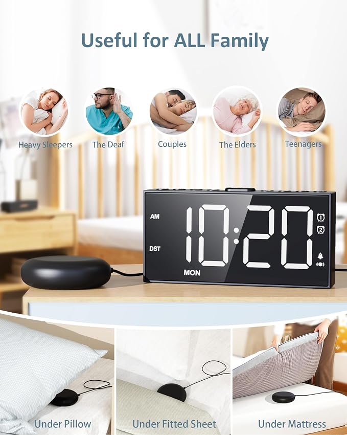 Vibrating Alarm Clock with Bed Shaker for Heavy Sleepers, 3-level Vibration