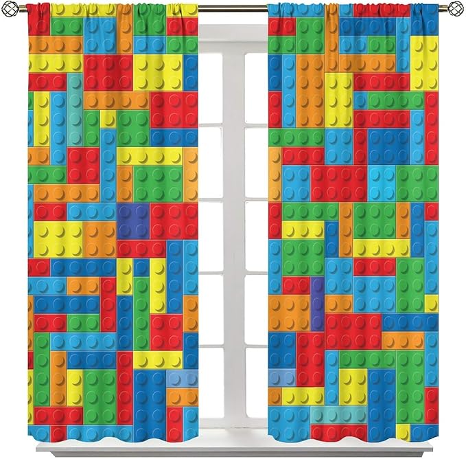 Colorful Building Block Toy Printed Curtains, Building Blocks, Curtains, Fun Brick 3D Design, Kids, Teens, Girls, Boys, Living Room, Bedroom, Window Treatment Panels, 2 Panels 42x63in