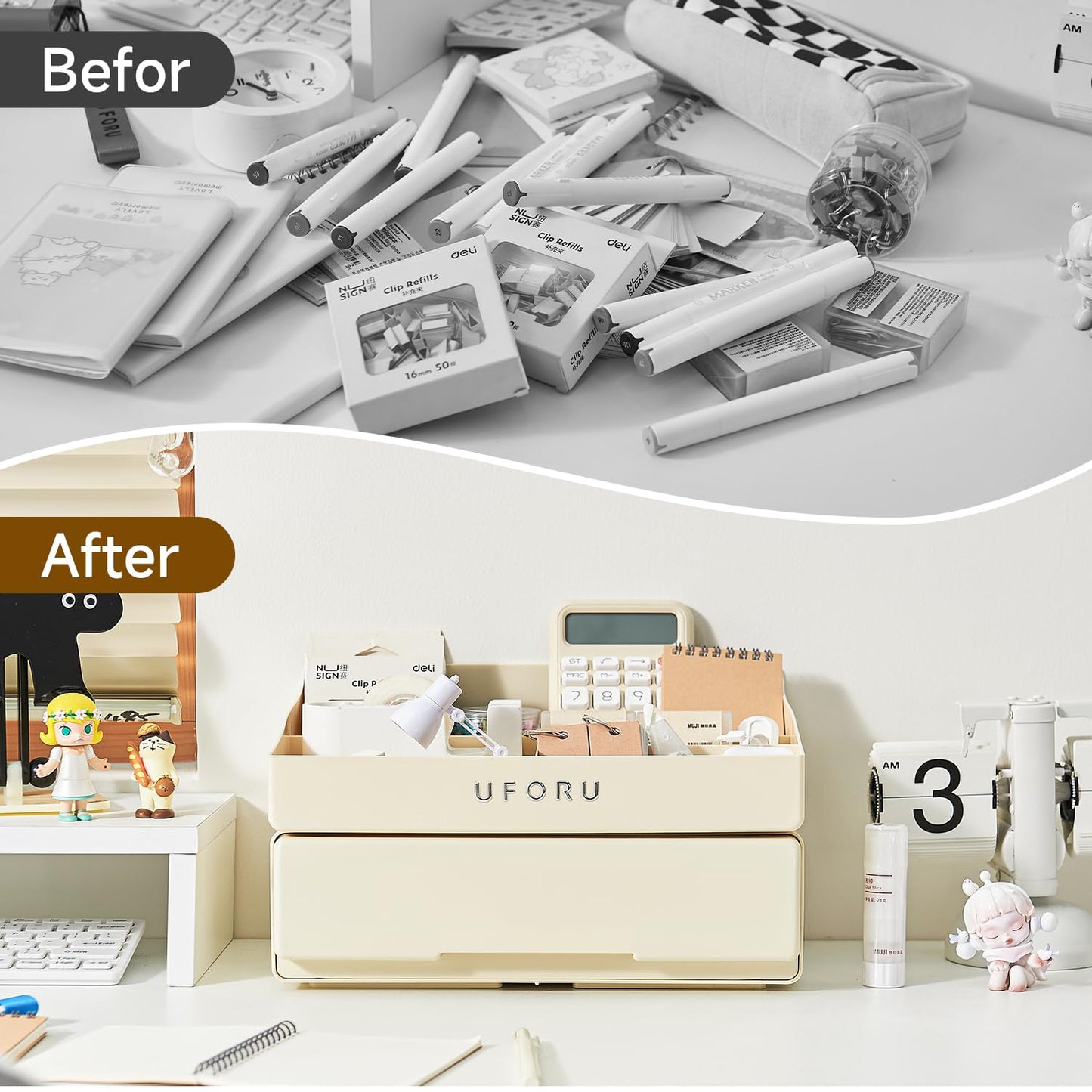 UFORU Desk Organizer with 6 Compartments, 2 Tier Stackable Storage Drawers Plastic Makeup Storage, Office Desk Storage Box, Stationary Sorting Helper