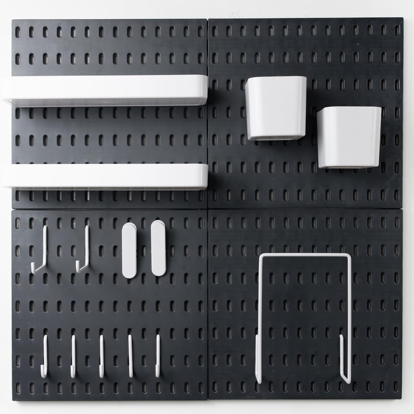 RIVTUN Pegboard Combination Kit for Wall Organizer, Wall Mounted Peg Board Kits for Kitchen, Bedroom, Office, &Bathroom, 4 Pieces Black Pegboards and 14 Accessories, 22" x 22"