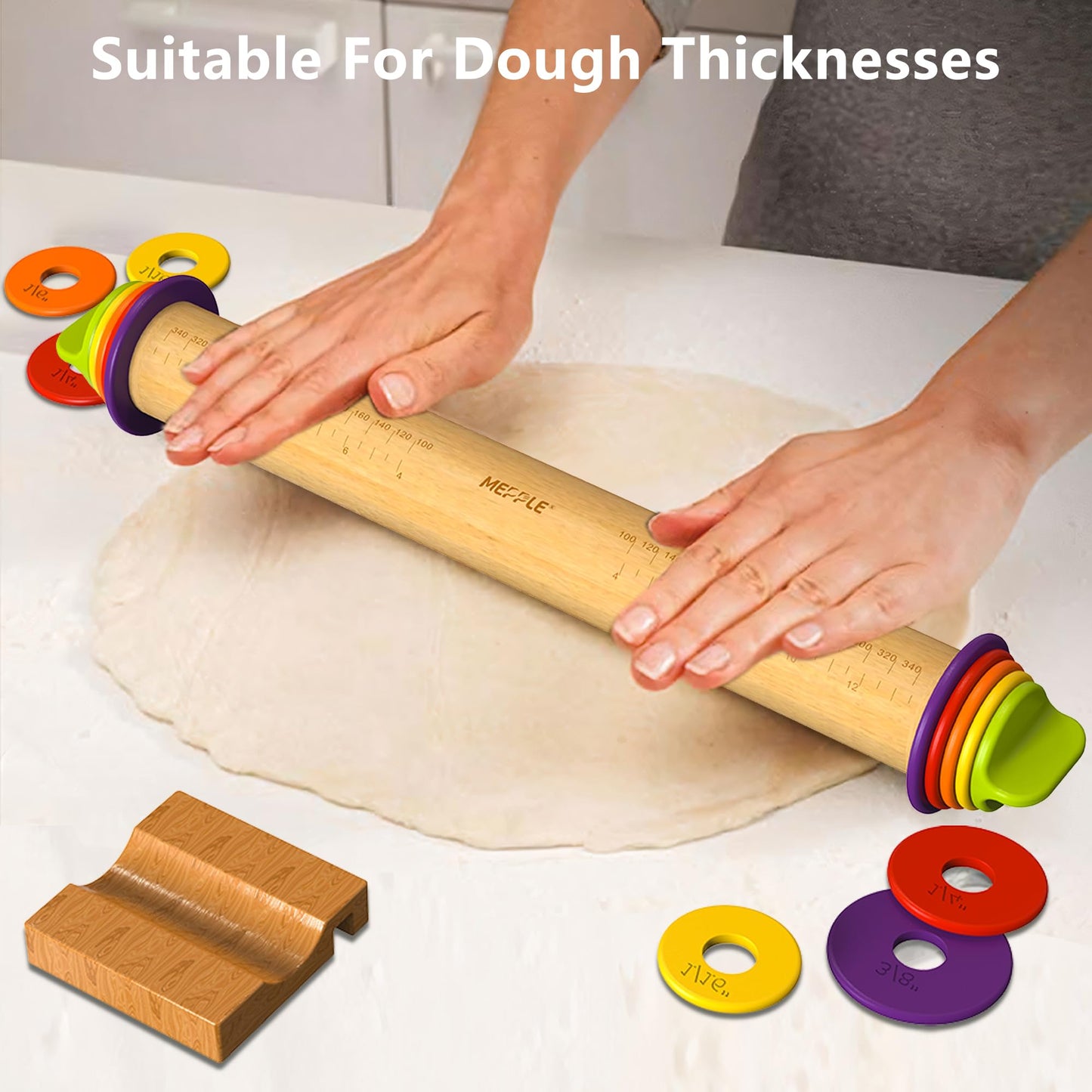 Mepple Rolling Pin with Thickness Rings for Baking,Fondant, Pizza, Pie Crust, Cookie, Pastry, Roller Rod for Dough Thickness, 13.6" Adjustable Wooden Rolling Pin with 4 Thickness Rings