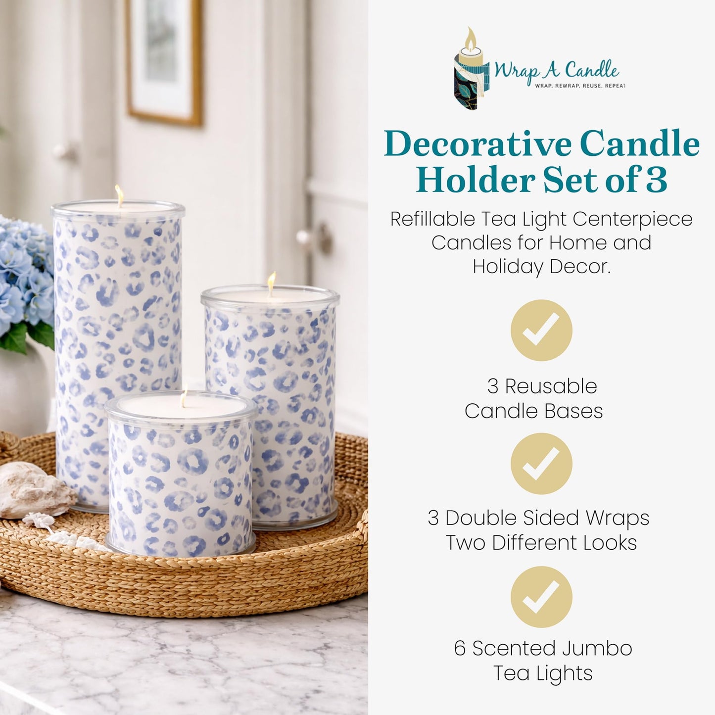 Decorative Candle Holder Set of 3 Home Decor, Reusable Interchangeable Pillar Candle System Decorative Wraps, Refillable Tea Light Centerpiece Candles for Holiday Decor, Table Styling & Gift Giving