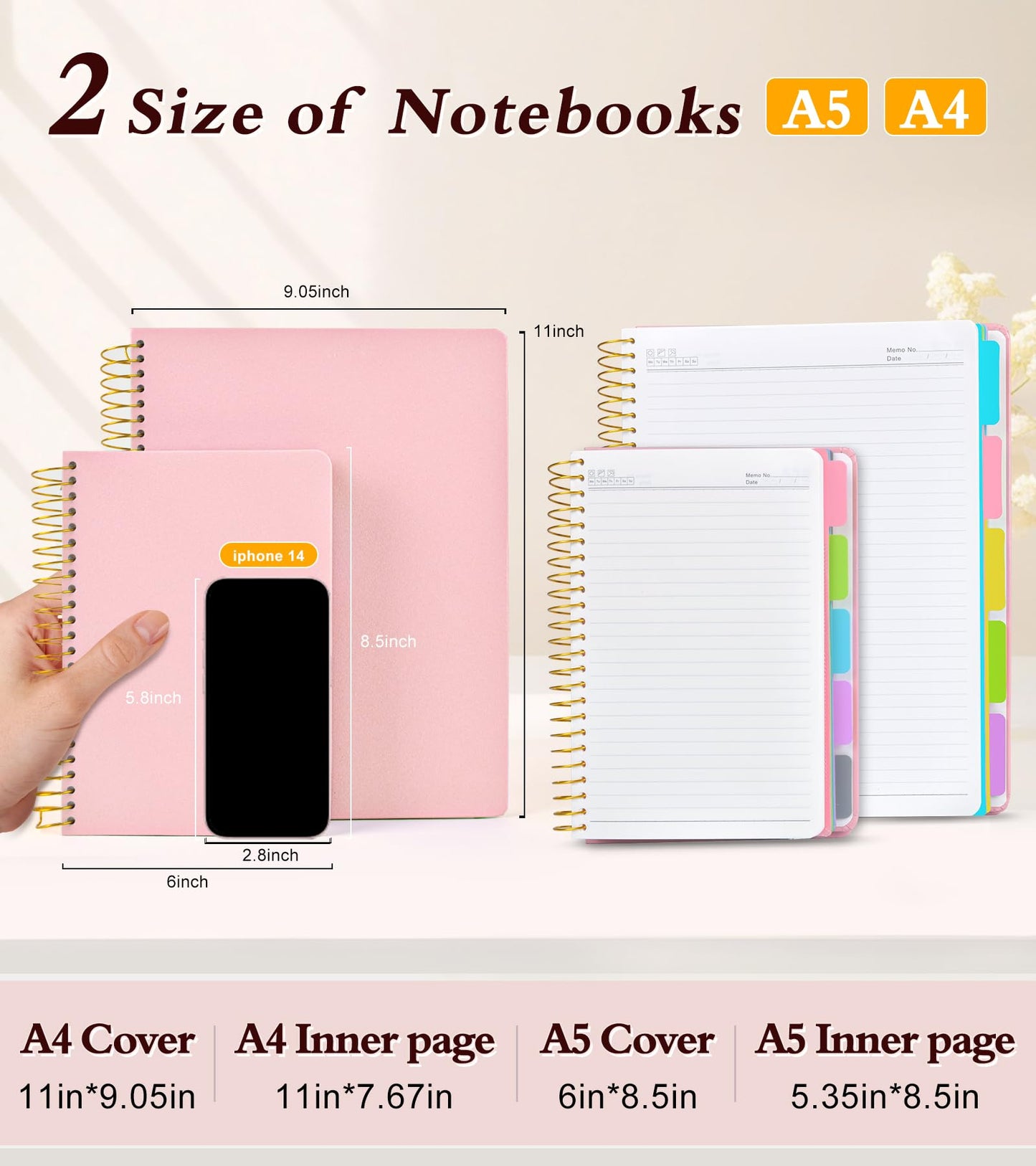 5 Subject Notebook College Ruled with Removable Pocket Dividers Tabs, 240 Pages Spiral Notebook 8.5 x 11, Lined Journal Notebook for Women , Hardcover Notebooks for Work School Note taking A4 Pink