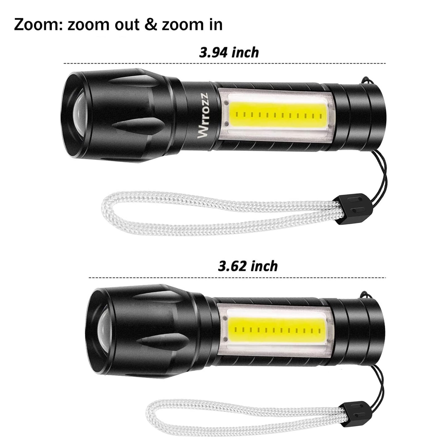 Wrrozz Led Flashlight Rechargeable USB Torch Mini Small Light Super Bright Handheld Tiny Portable Pocket Keychain Flash Light with COB Side Searchlight High Lumens Zoomable Emergency Camping 2 Pack