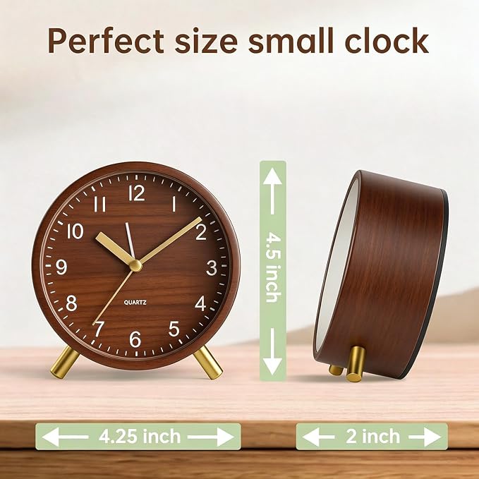 Analog Alarm Clock, Silent Non-Ticking with Night Light, Retro Fashionable Round Metal Alarm Clock for Office, Battery Operated, Bedroom, Elderly, Adults, Men Gifts Back to School,Wood-like Color