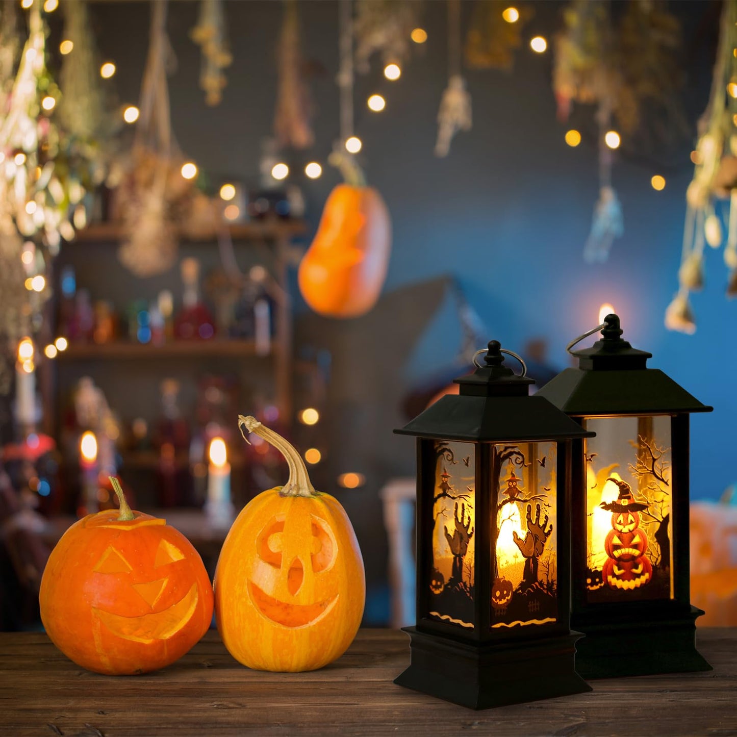 Blinket Halloween Lanterns Decorations 4 Pack, Battery Operated Black Pumpkin Witch Lanterns, Flickering Light for Indoor Party Home Decor