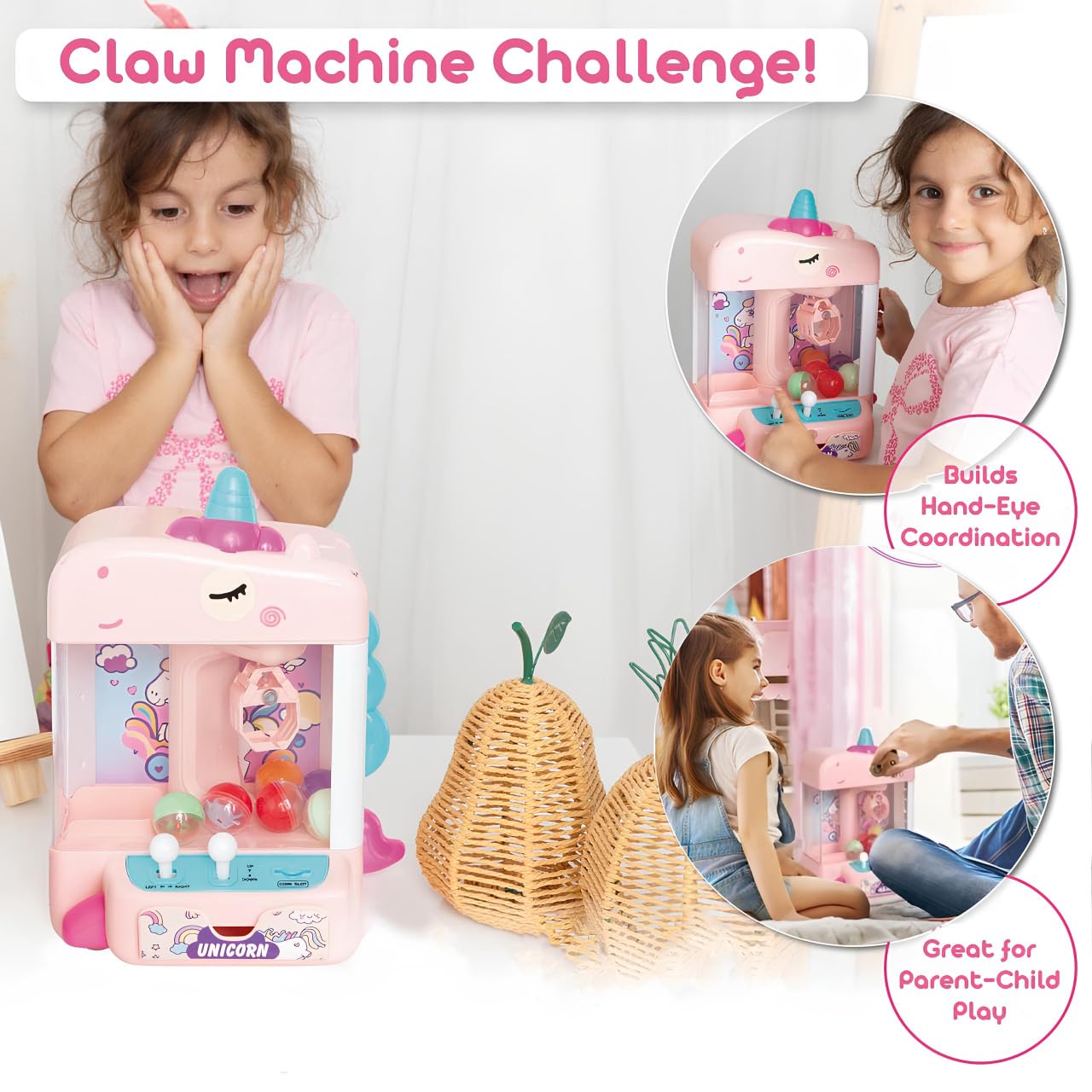 Claw Machine for Kids - Mini Arcade Game - Vending Machine - Candy Grabber Toys - Silent Mode, Lights, USB - Plush Toys & Easter Eggs, Surprise Stickers - Fun Gift for Kids, Boys & Girls (Unicorn)