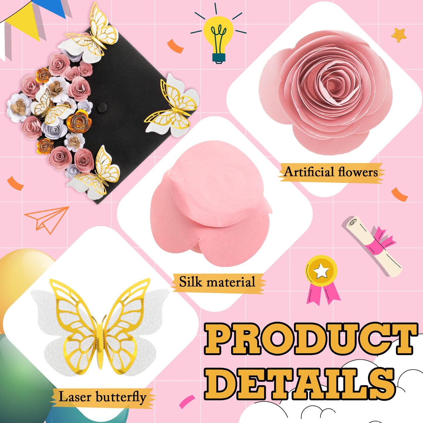 Dinifee 36 Pcs DIY Graduation Cap Decorations Accessory Kit Include Faux Paper Flower Heads 3D Butterfly Grad Cap Mini Paper Flowers Decorations for Grad Cap Topper DIY Graduation Gift(Pink, Gold)