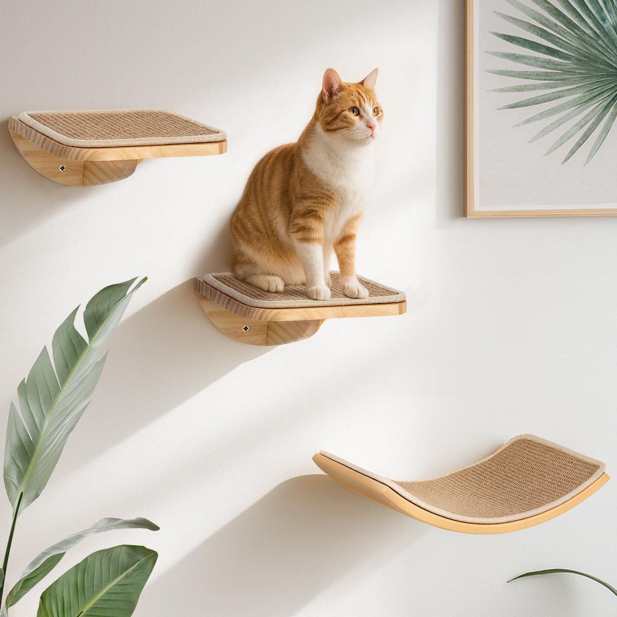 4-PCS Cat Wall Shelves with Curved Bed, Flat Shelf and 2 Four-Step Ladders