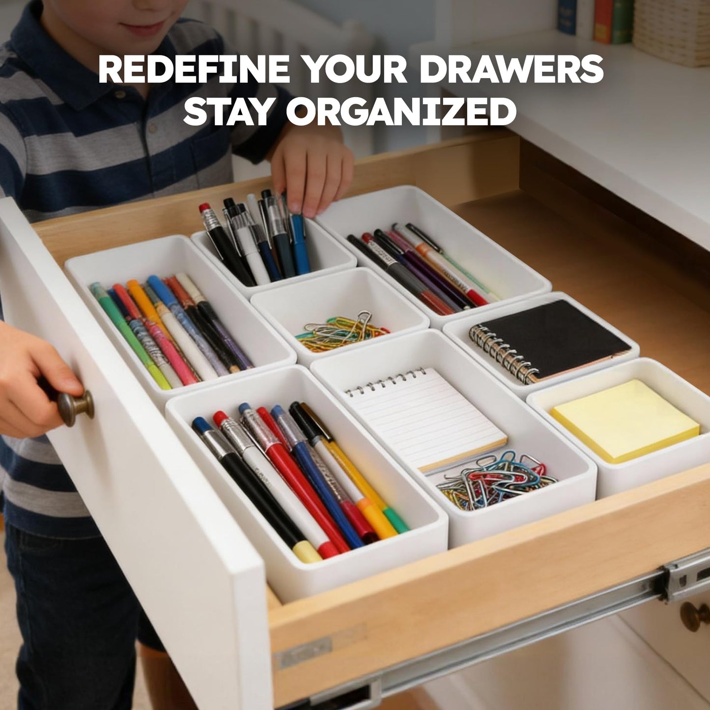 eazttouz 8 Pack Stackable Drawer Organizer Trays, Plastic Shallow Storage Bins for Bathroom Vanity, Desk Drawer, Kitchen, Makeup Organization, White (4M+4S)