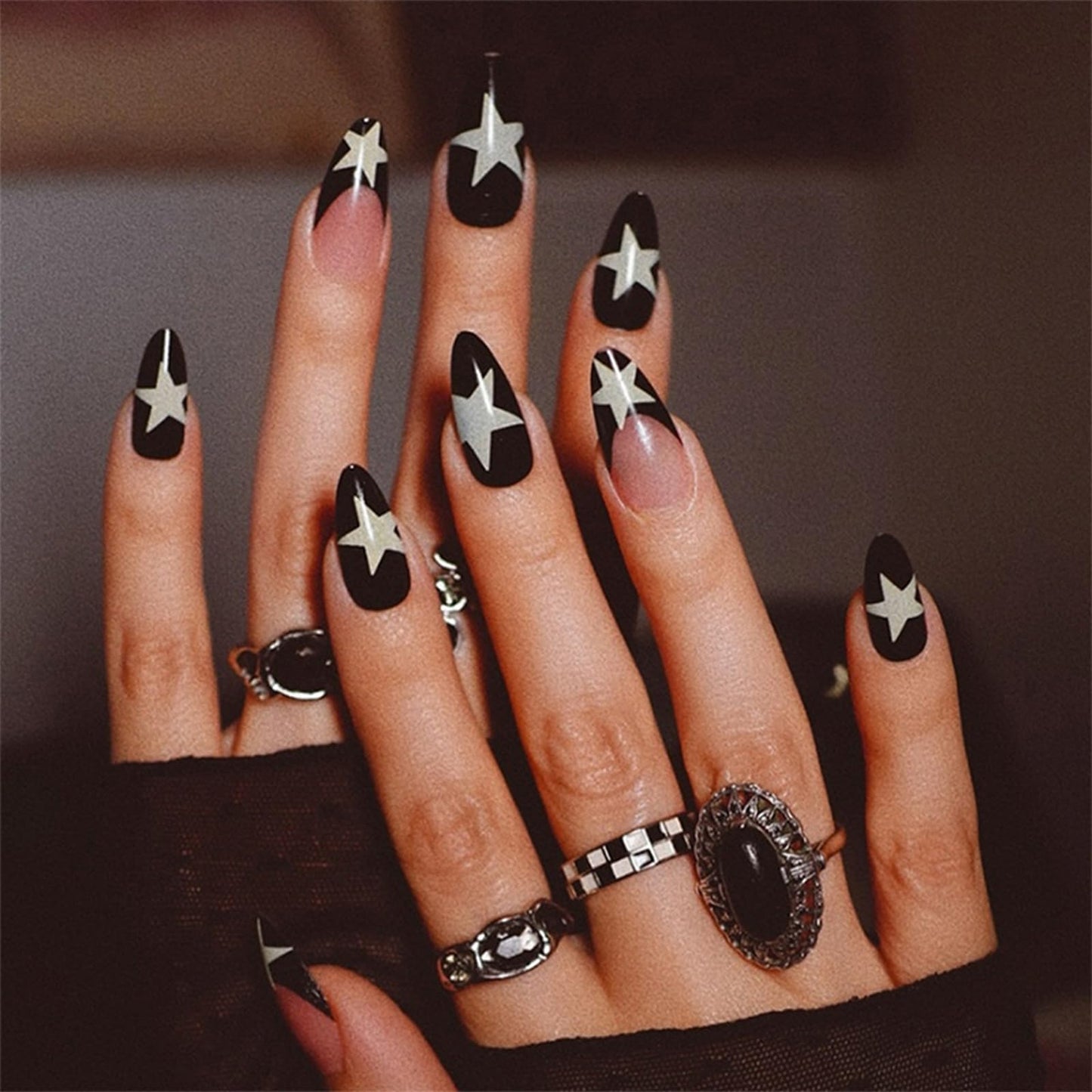 IMSOHOT Medium Almond Press on Nails French Black Fake Nails Stiletto Star False Nails with Designs Y2K Glossy Full Cover Acrylic Glue on Nails for Women 24PCS