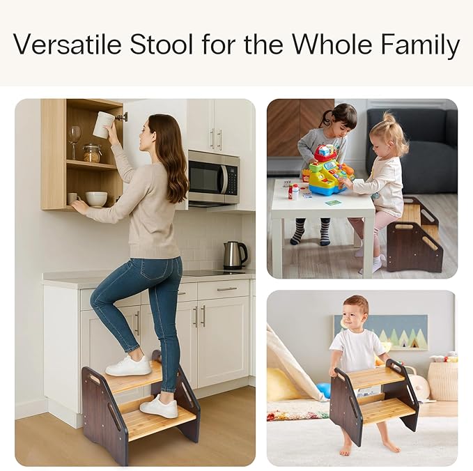 StrongTek Bamboo Kids Step Stool with Handles, 15" Wide Non-Slip Steps, 350 lb Capacity, Portable 2-Step Wooden Footstool, Easy to Assemble & Clean, Ideal for Bathroom, Kitchen, Sink & Toilet