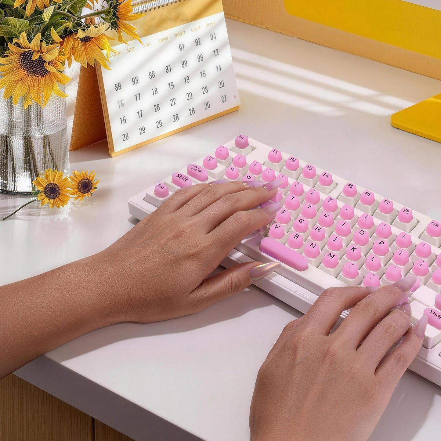 130 Pcs Keyboard Stickers for Long Nails, Ergonomics Raised Keyboard Stickers with Numbers, Self-Adhesive Round-Square PC Keyboard Tabs for Anti-Miss Typing (Pink)